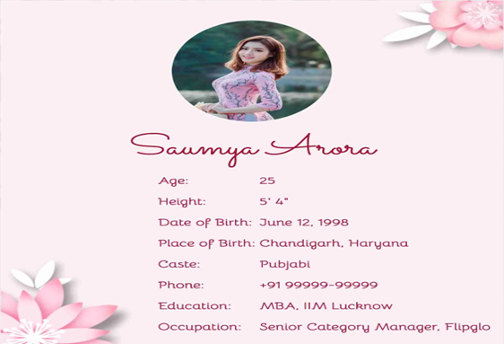 A creative matrimonial profile showing biodata of a girl named Soumya Arora image